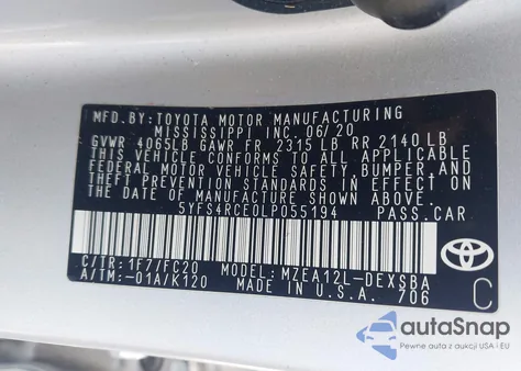 2020 Toyota Corolla Se from USA, damaged, VIN 5YFS4RCE0LP055194